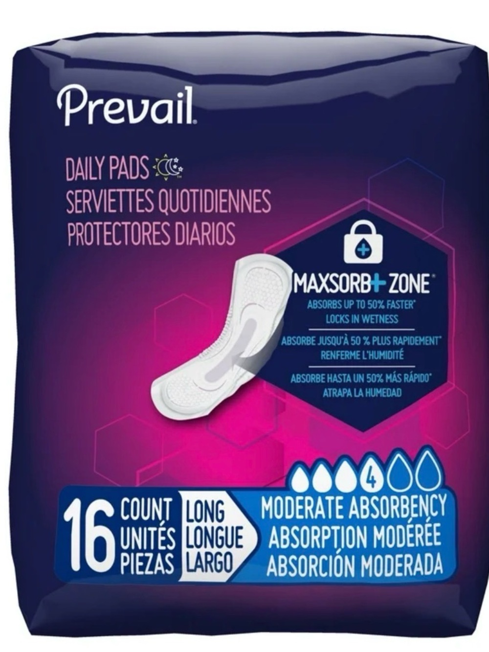 Prevail Women's Daily Long Moderate Absorbency Pads - Purple (16 Count)